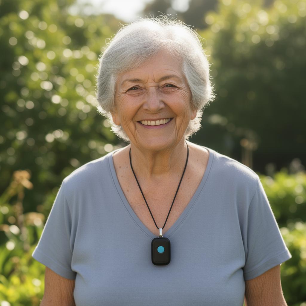 Australian woman wearing a VitalCALL personal alarm pendant in her garden