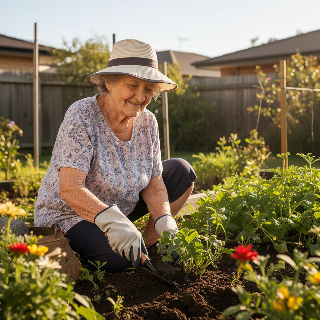 Elderly Australian woman gardening in her backyard