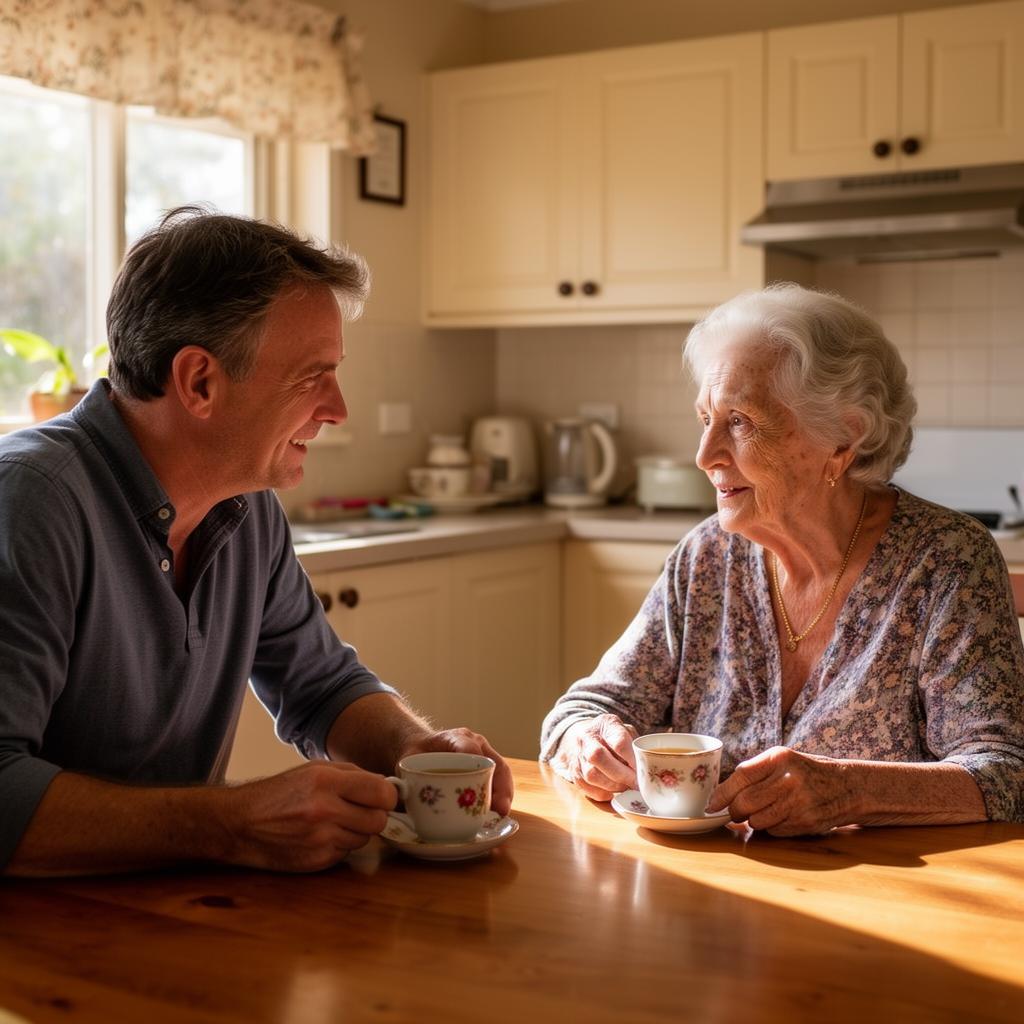 Adult son visiting his elderly mother at home